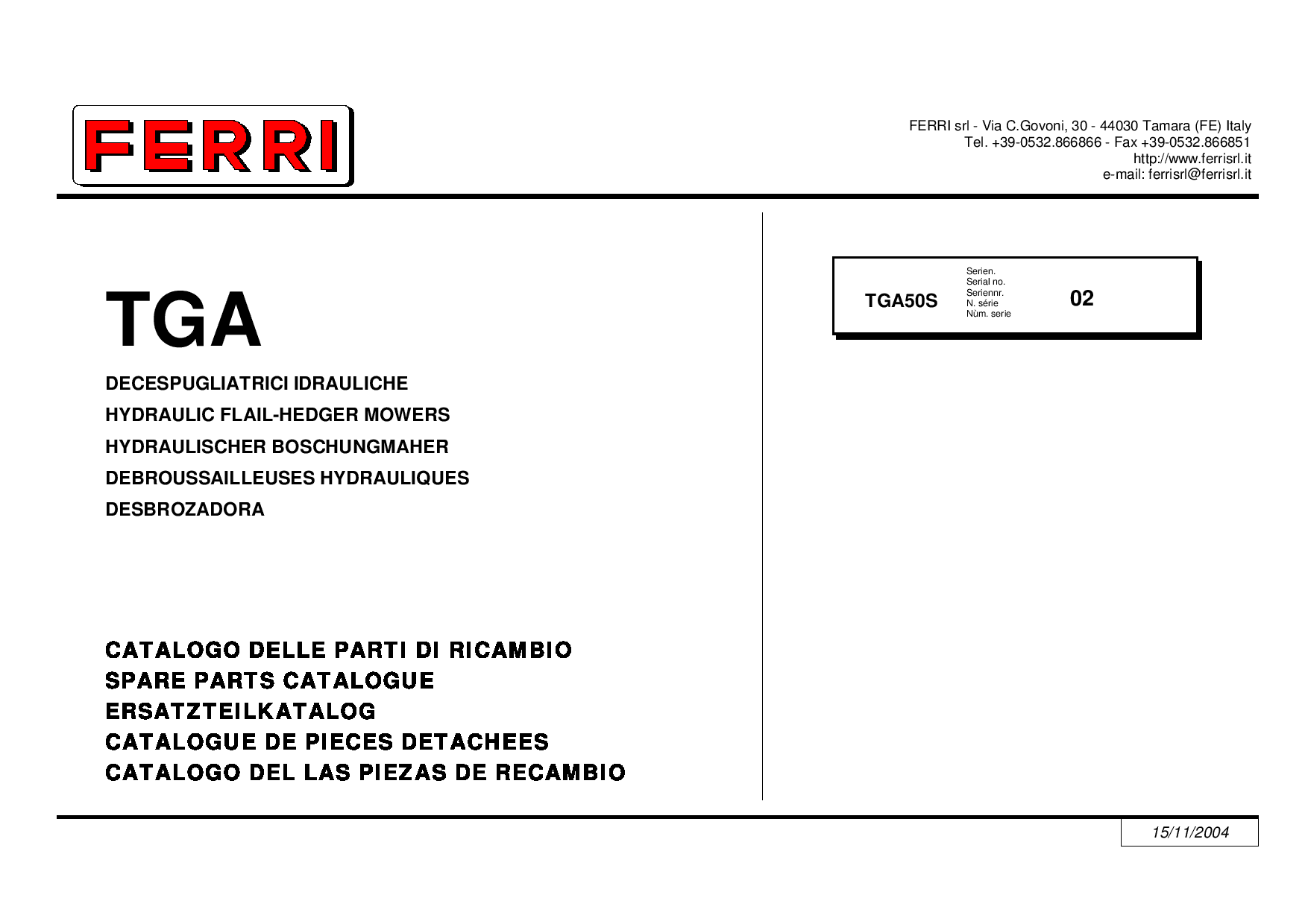 Ferri TGA50S Hydraulic Flail-Hedger Mowers Parts manual catalog PDF Download