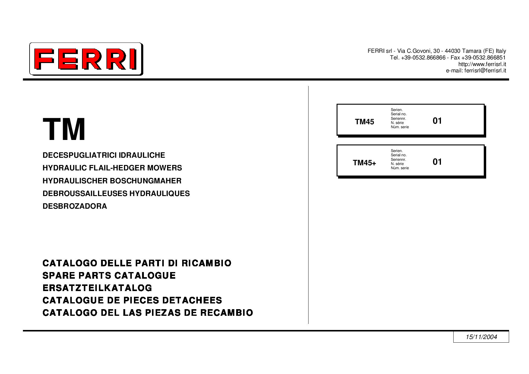 Ferri TM45 Hydraulic Flail-Hedger Mowers Parts manual catalog PDF Download