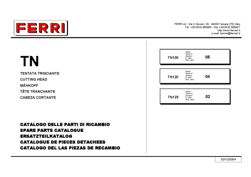 Ferri TN100_TN120_TN125 Shredder Parts manual catalog PDF Download