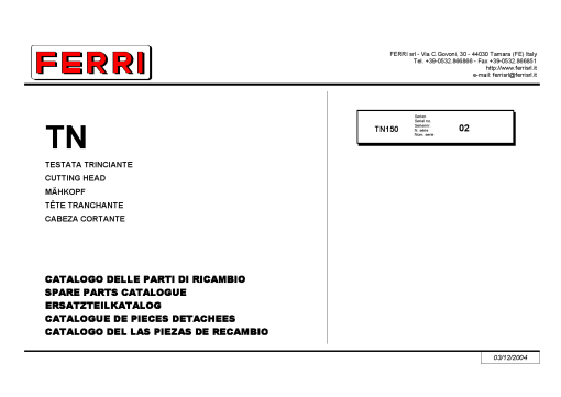 Ferri TN150 Shredder Parts manual catalog PDF Download