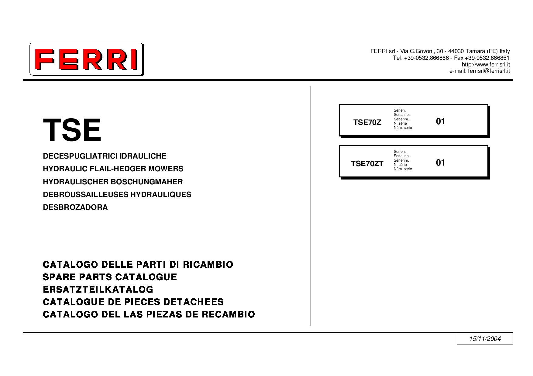 Ferri TSE70Z Hydraulic Flail-Hedger Mowers Parts manual catalog PDF Download