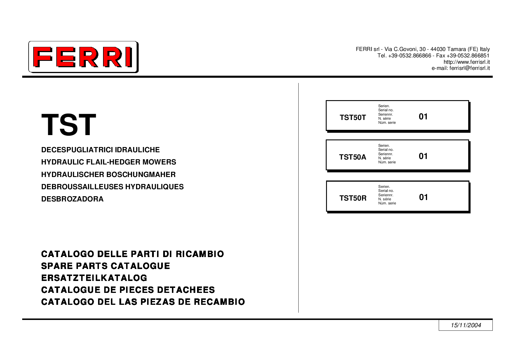 Ferri TST50T Hydraulic Flail-Hedger Mowers Parts manual catalog PDF Download