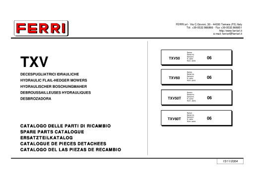 Ferri TXV50T_TXV60T Hydraulic Flail-Hedger Mowers Parts manual catalog PDF Download