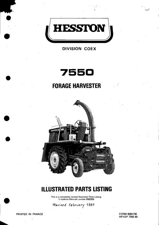 Hesston 7550 Forage_harvester Parts manual catalog PDF Download
