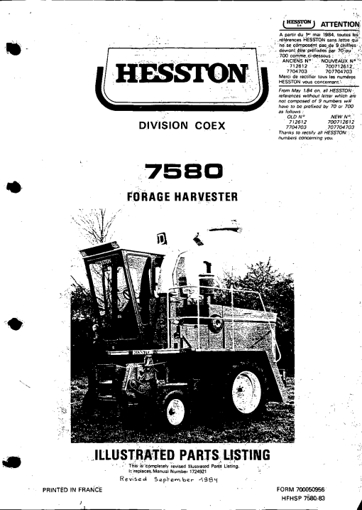 Hesston 7580 Forage_harvester Parts manual catalog PDF Download