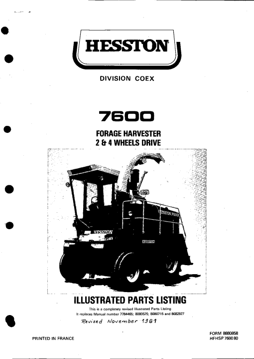 Hesston 7600 Forage_harvester Parts manual catalog PDF Download