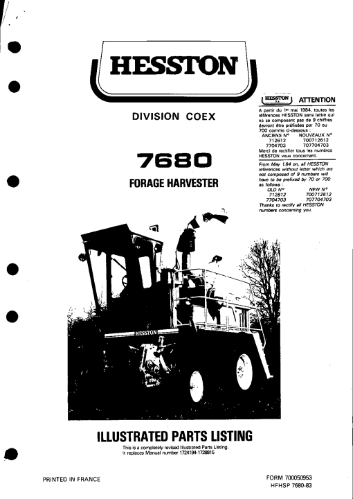 Hesston 7680 Forage_harvester Parts manual catalog PDF Download