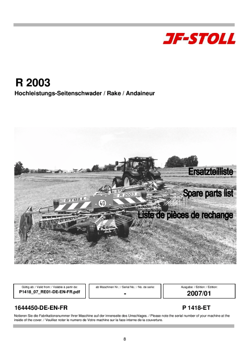 JF_Stoll R_2003 Rake Parts manual catalog PDF Download