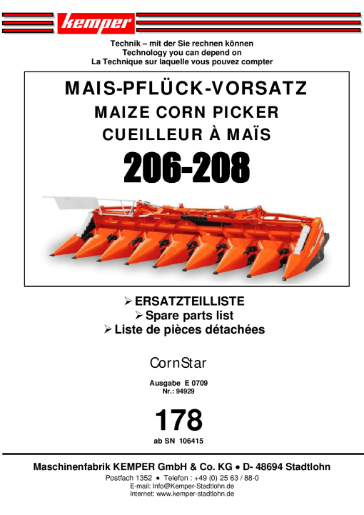 Kemper 206_208_Cornstar Parts manual catalog PDF Download