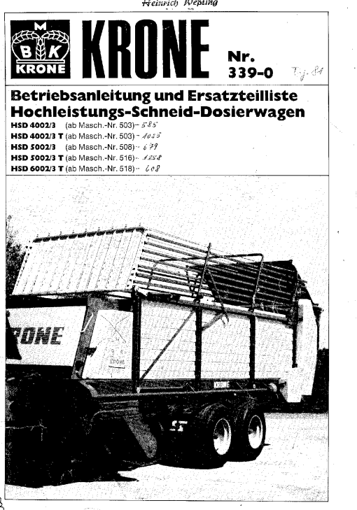 Krone HSD_4002-3_5002-3_6002-3 Forage Wagon Parts manual catalog PDF Download