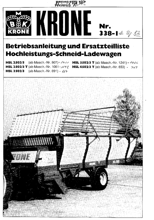 Krone HSL_2502-3_3502-3_4502-3 Forage Wagon Parts manual catalog PDF Download
