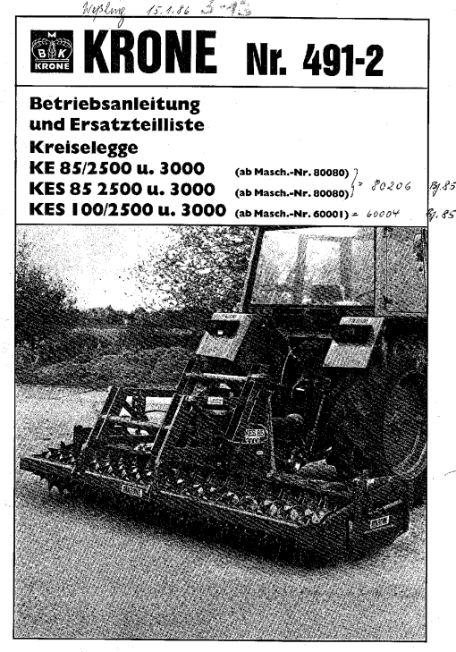 Krone KE85-2500_3000.KES85-2500_3000.KES100-2500_3000 Rotary Harrows Parts manual catalog PDF Download