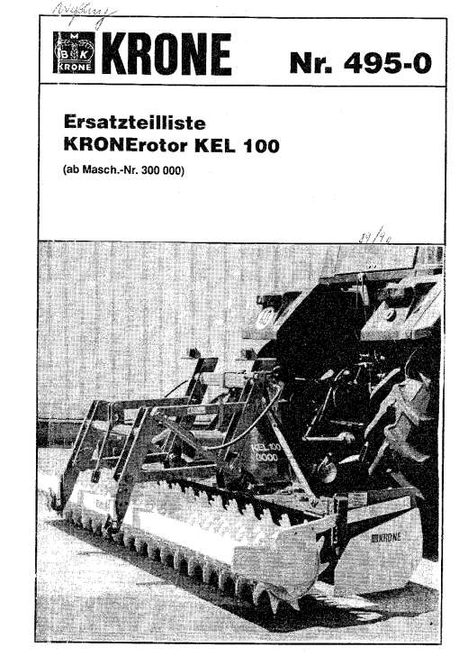 Krone KEL100 Rotary Harrows Parts manual catalog PDF Download