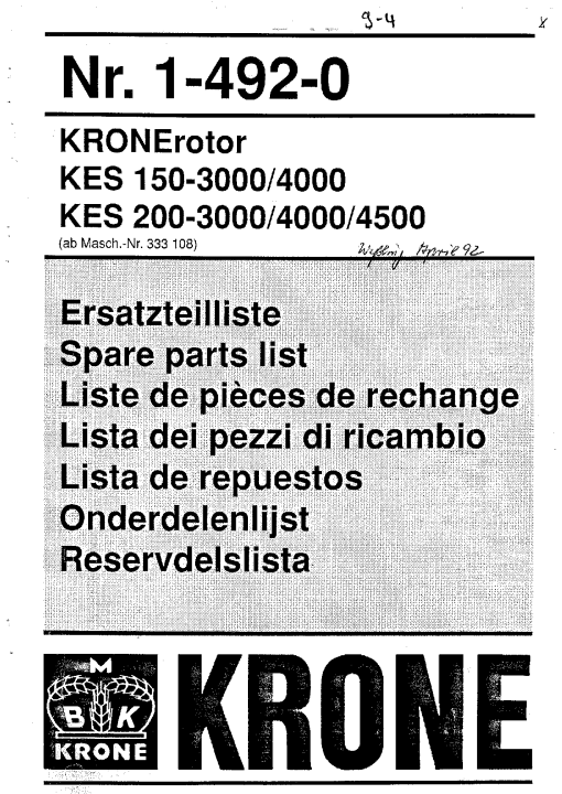 Krone KES150-3000_4000.200-3000_4000_4500 Rotary Harrows Parts manual catalog PDF Download