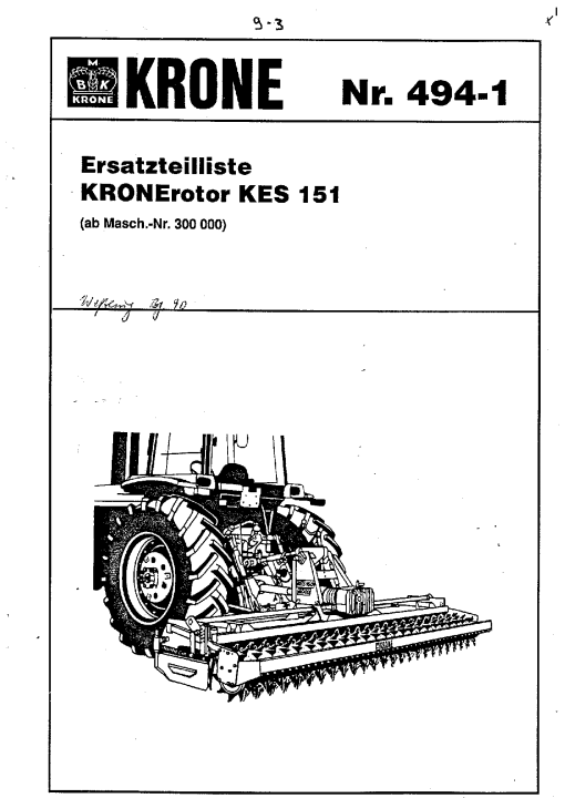 Krone KES151 Rotary Harrows Parts manual catalog PDF Download