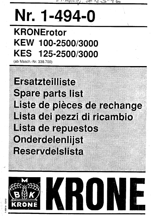 Krone KEW100-2500_3000.KES125-2500_3000 Rotary Harrows Parts manual catalog PDF Download