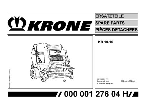 Krone KR_10-16 Round Baler Parts manual catalog PDF Download