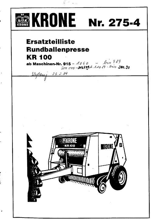Krone KR_100 Round Baler Parts manual catalog PDF Download
