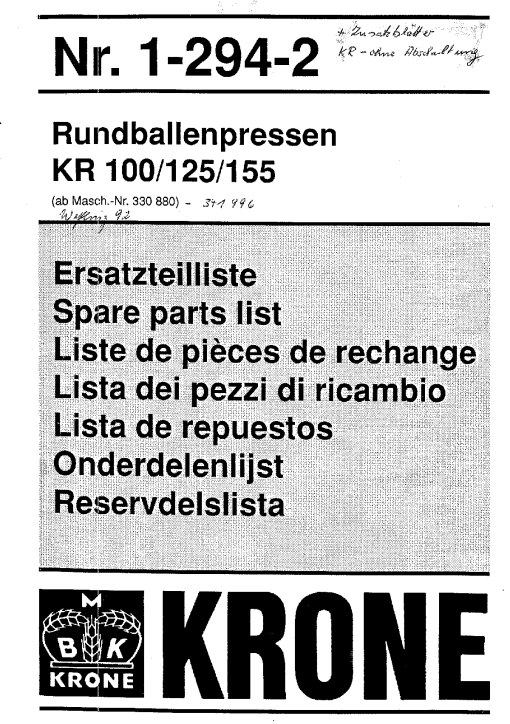 Krone KR_100_125_155 Round Baler Parts manual catalog PDF Download