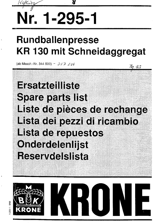 Krone KR_130 Round Baler Parts manual catalog PDF Download