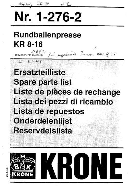 Krone KR_8-16 Round Baler Parts manual catalog PDF Download