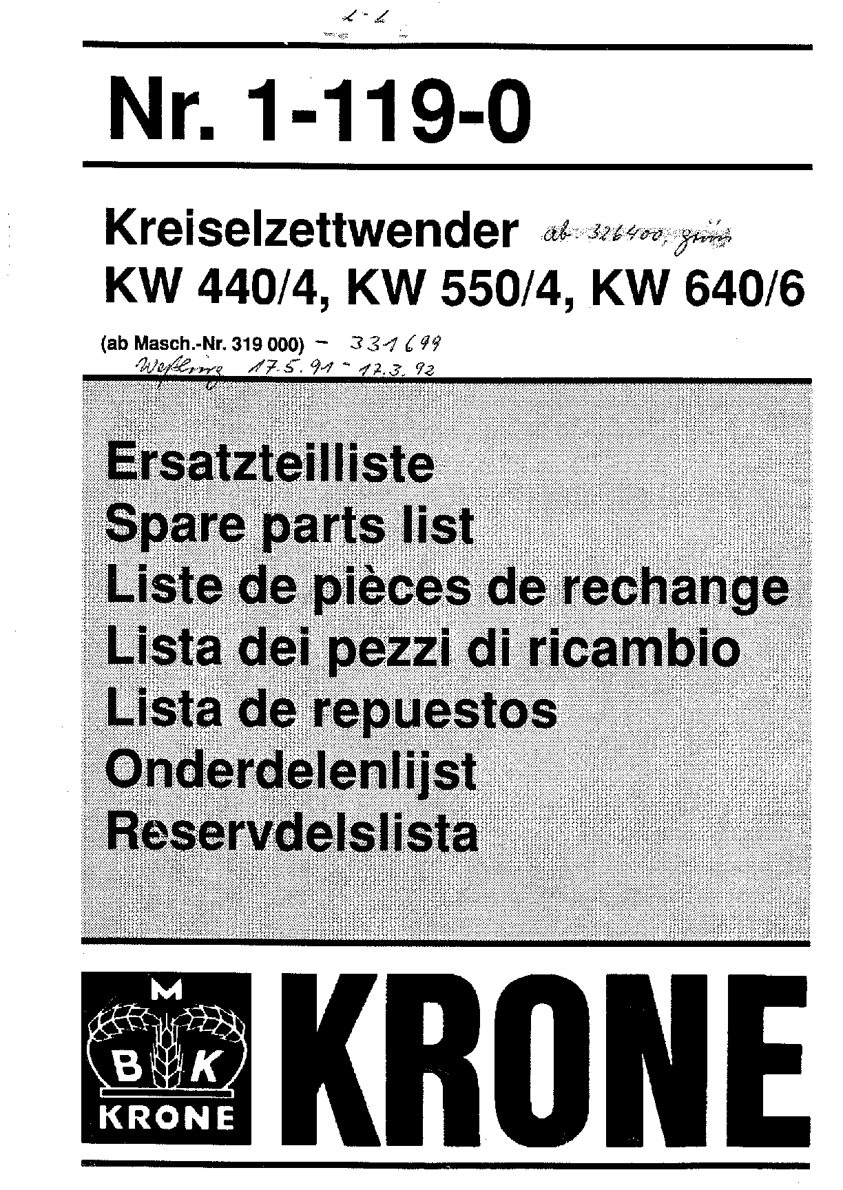 Krone KW4.40-4_5.50-4_6.40-6_1991 Rotary tedder Parts manual catalog PDF Download