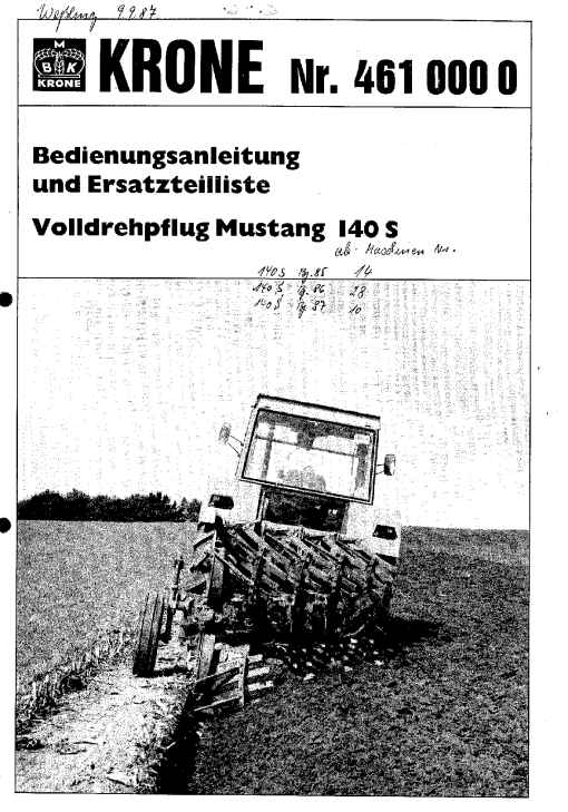 Krone Mustang_140S Ploughs Parts manual catalog PDF Download