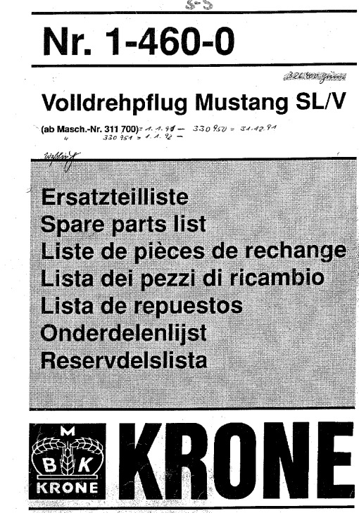 Krone Mustang_SL_V Ploughs Parts manual catalog PDF Download