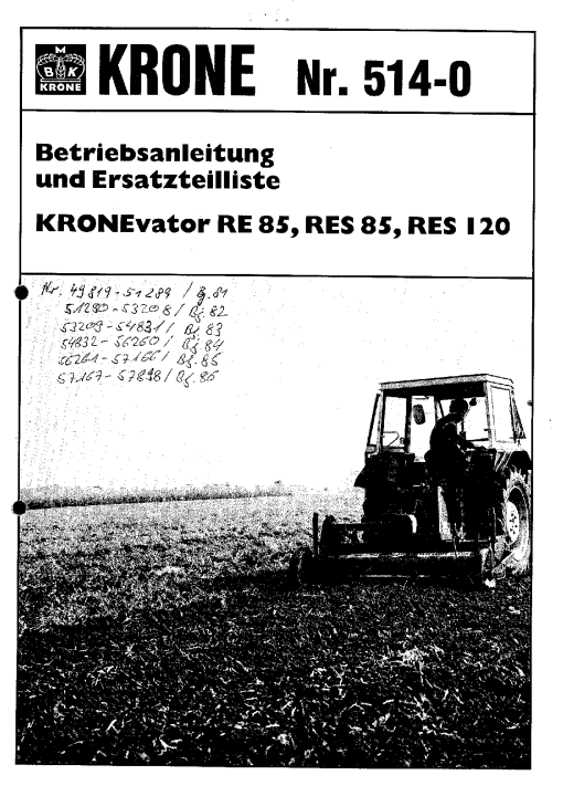 Krone RE85_RES85_RES120 Milling Machine Parts manual catalog PDF Download