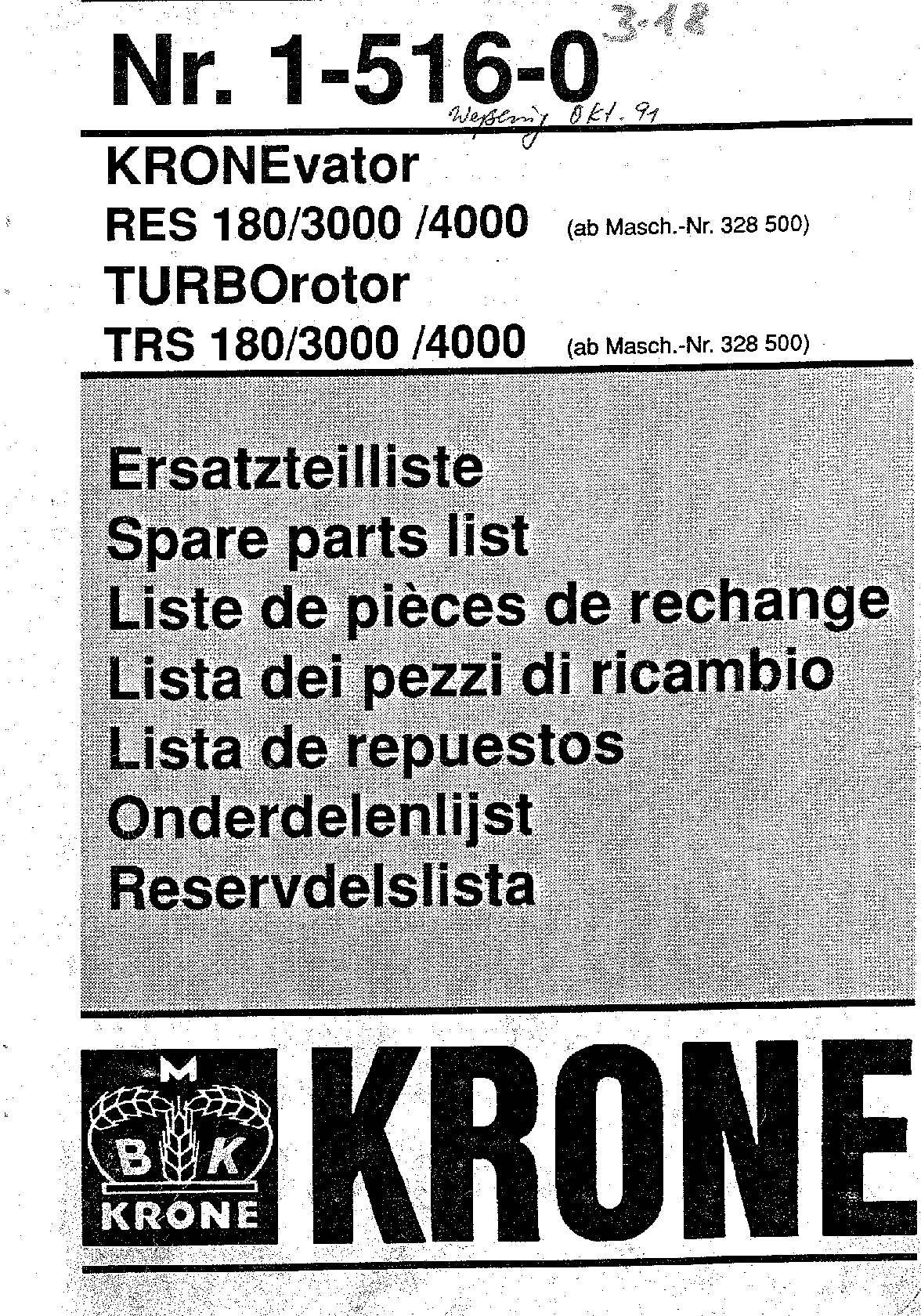 Krone RES180-3000_4000.TRS180-3000_4000 Rotary Harrows Parts manual catalog PDF Download