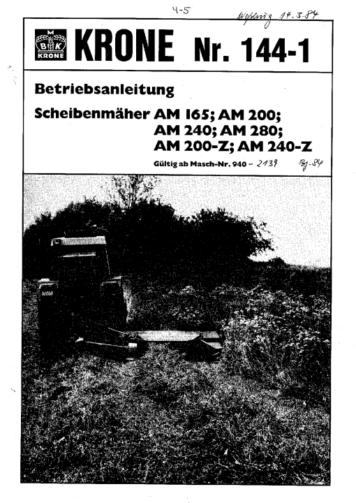 KroneA_165_200_240_280_Z_1984 Disc Mower Parts manual catalog PDF Download