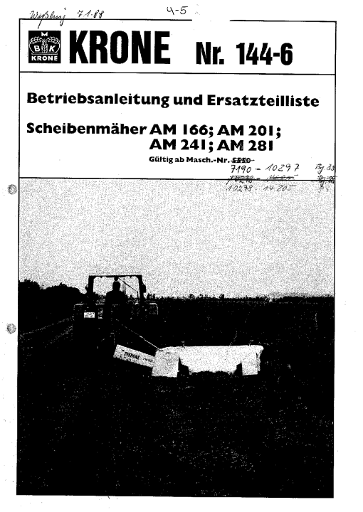 KroneA_166_201_241_281_1988 Disc Mower Parts manual catalog PDF Download