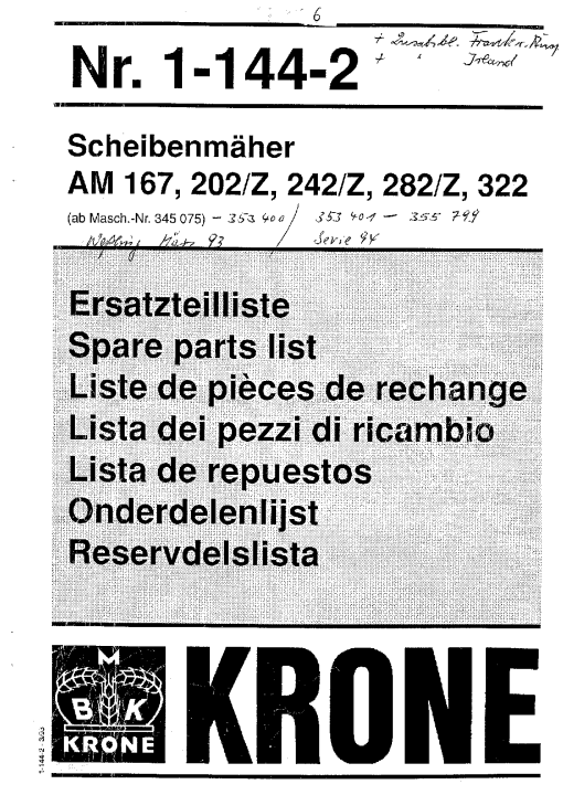 KroneA_167_202_242_282_322_Z_1993 Disc Mower Parts manual catalog PDF Download