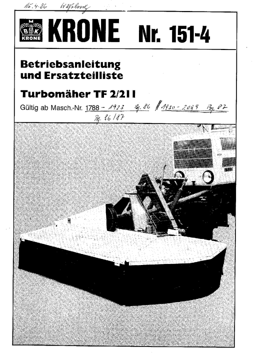 KroneT2-211 Disc Mower Parts manual catalog PDF Download