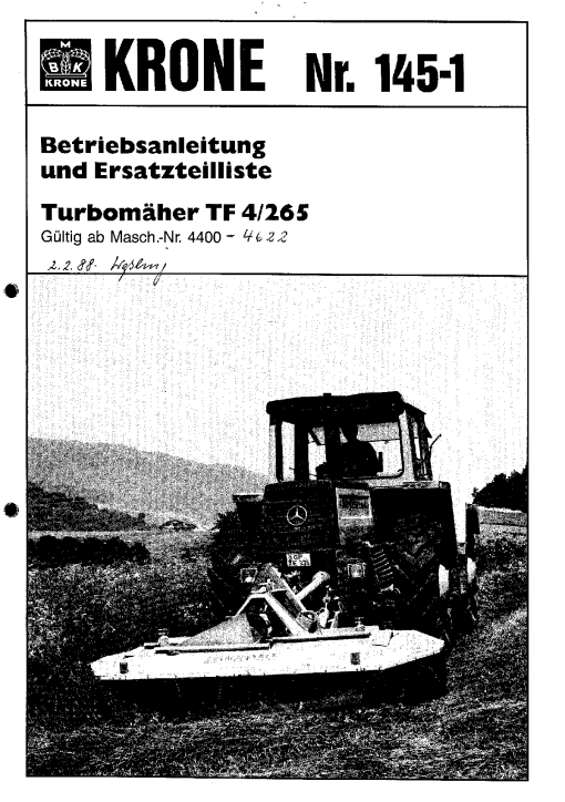 KroneT4-265 Disc Mower Parts manual catalog PDF Download