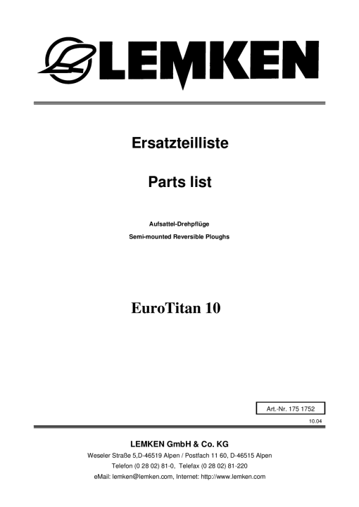Lemken EuroTitan_10 Parts manual catalog PDF Download