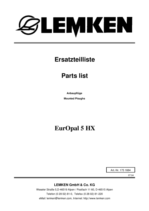 Lemken Europal_5_HX Parts manual catalog PDF Download