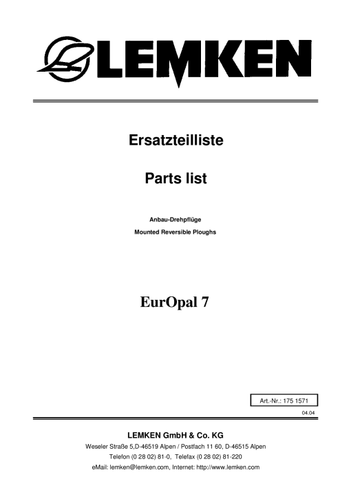 Lemken Europal_7 Parts manual catalog PDF Download