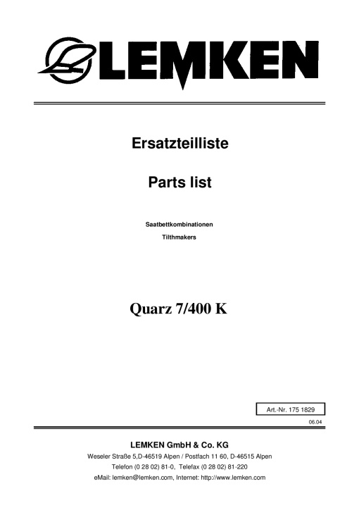 Lemken Quarz_7-400_K Parts manual catalog PDF Download