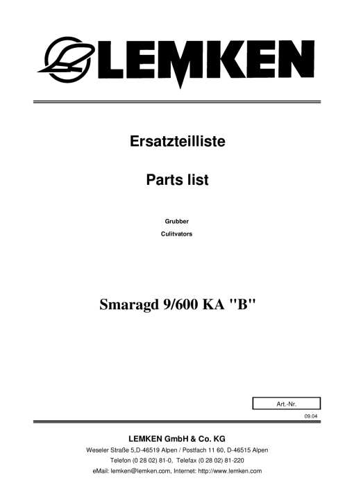 Lemken Smaragd_9-600_KA Parts manual catalog PDF Download