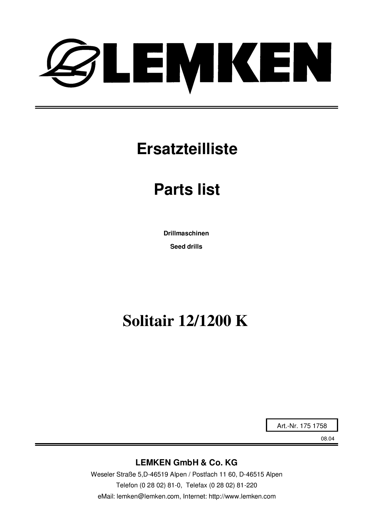 Lemken Solitair_12-1200_K Parts manual catalog PDF Download