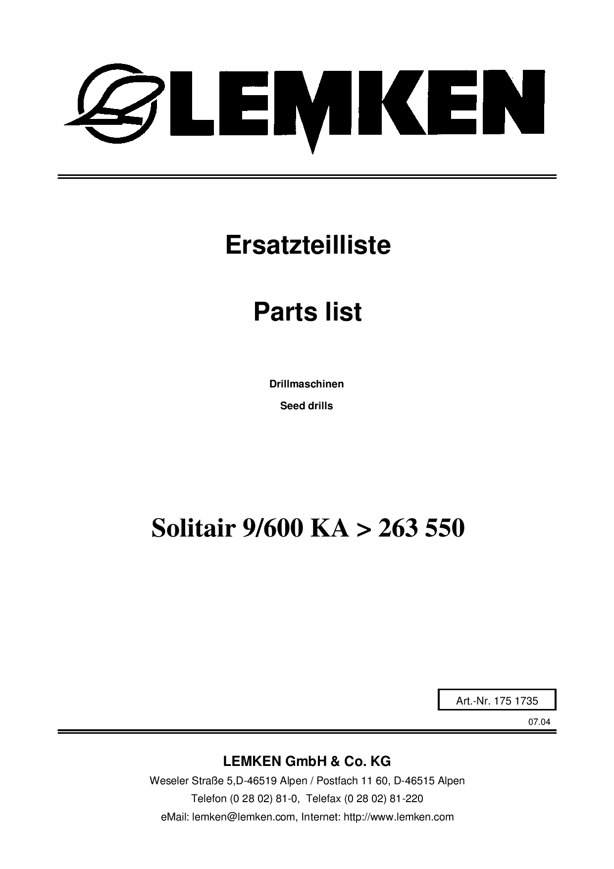 Lemken Solitair_9-600_KA Parts manual catalog PDF Download
