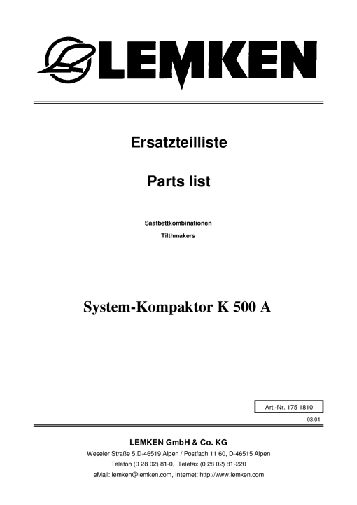 Lemken System-Kompaktor_K500A Parts manual catalog PDF Download