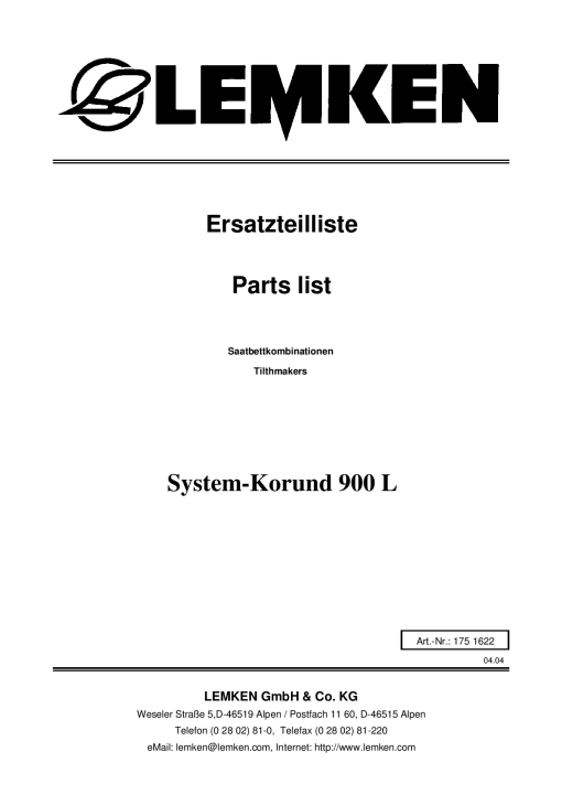 Lemken System-Korund_900_L Parts manual catalog PDF Download