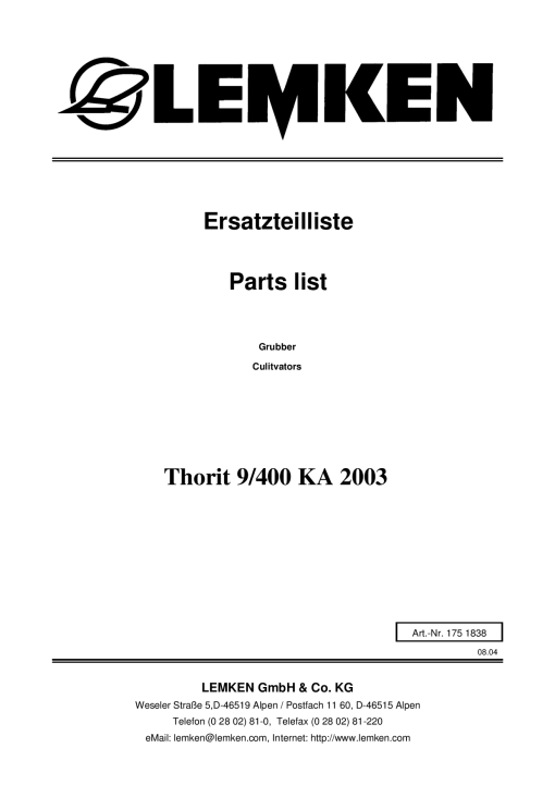 Lemken Thorit_9-400_KA Parts manual catalog PDF Download