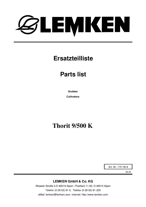 Lemken Thorit_9-500_K Parts manual catalog PDF Download