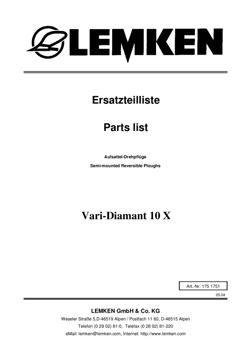 Lemken Vari-Diamant_10X Parts manual catalog PDF Download