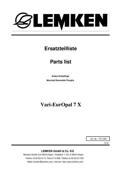 Lemken Vari-EurOpal_7X Parts manual catalog PDF Download