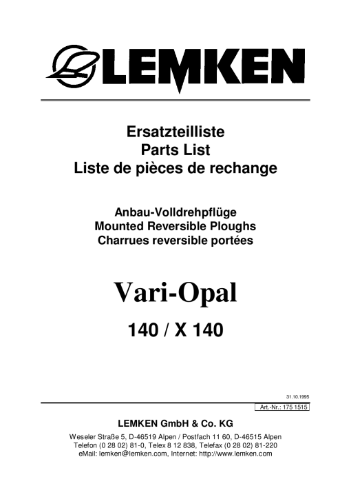 Lemken Vari-Opal_140_X140 Parts manual catalog PDF Download