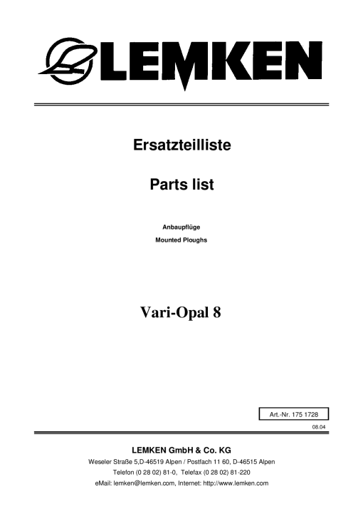 Lemken Vari-Opal_8 Parts manual catalog PDF Download